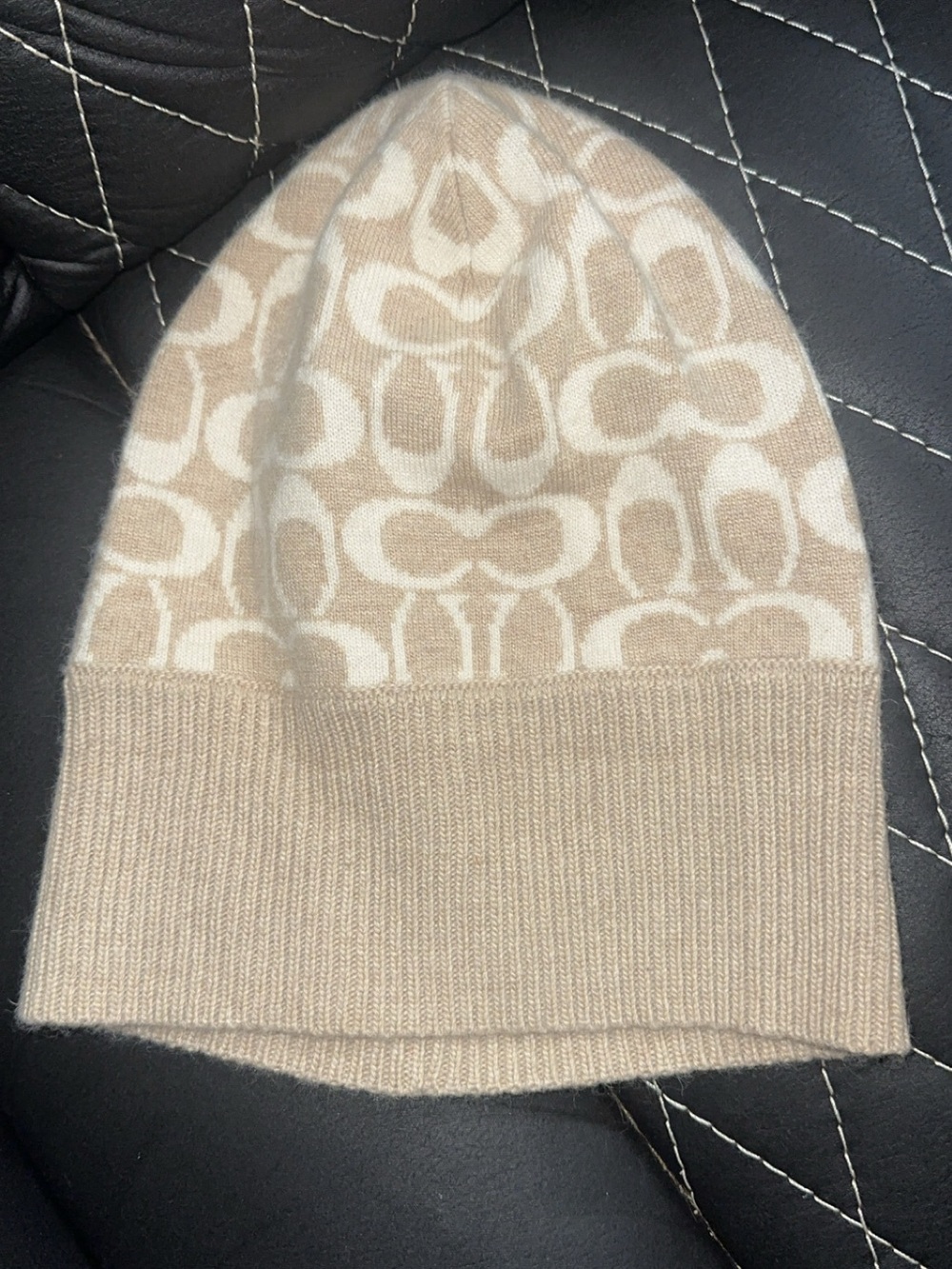 Coach Beige & Cream Logo Knit Beanie